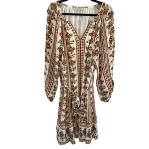Loft Floral Print Dress Belted Flounce Hem Long Sleeves XL